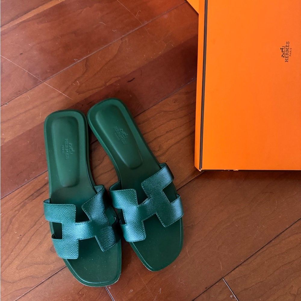 Hermes Green Oran Slide Sandals